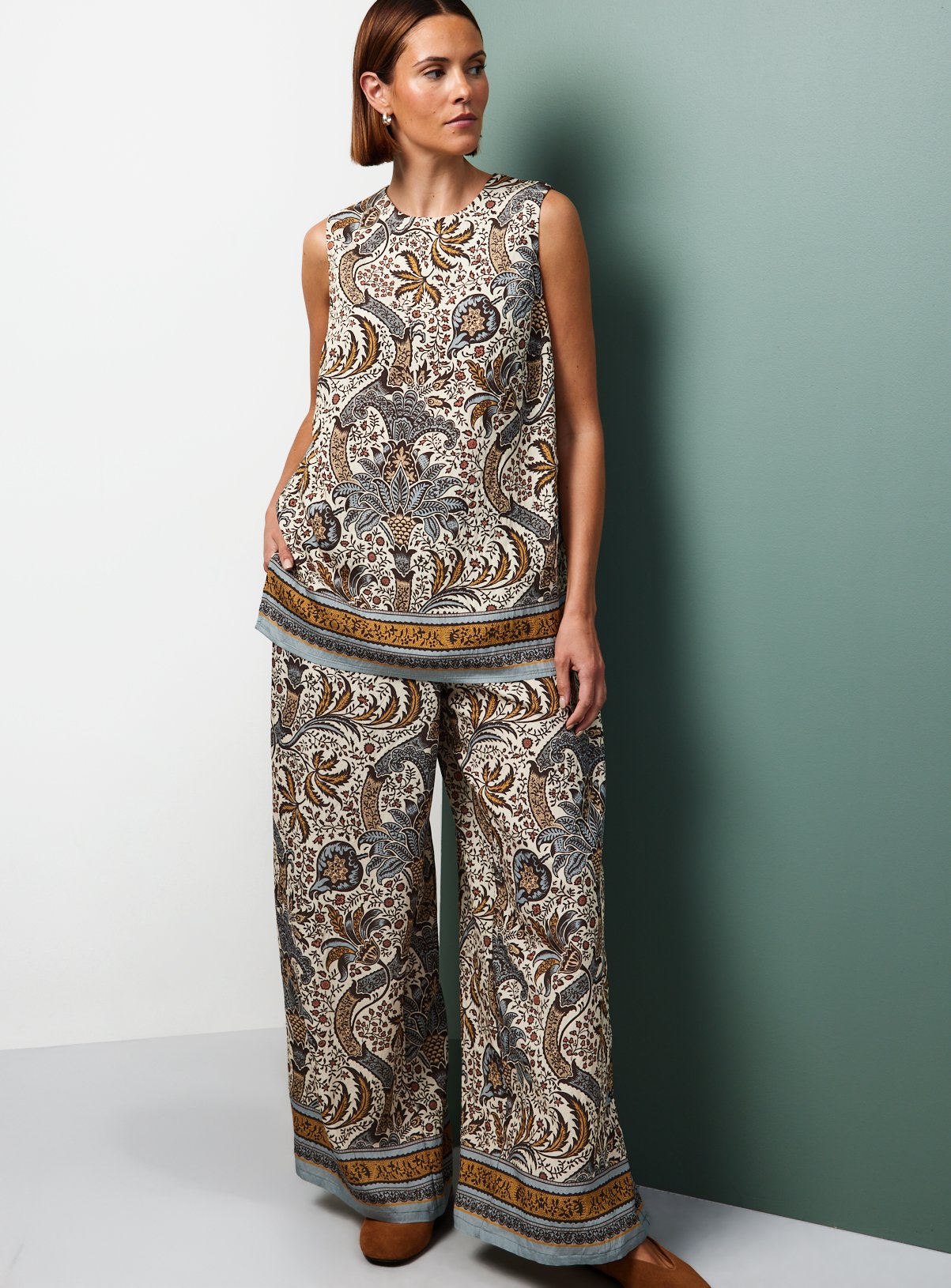 Tu x Morris & Co. Paisley Print Scarf Border Wide Leg Trousers 8 - Image 2 thumbnail